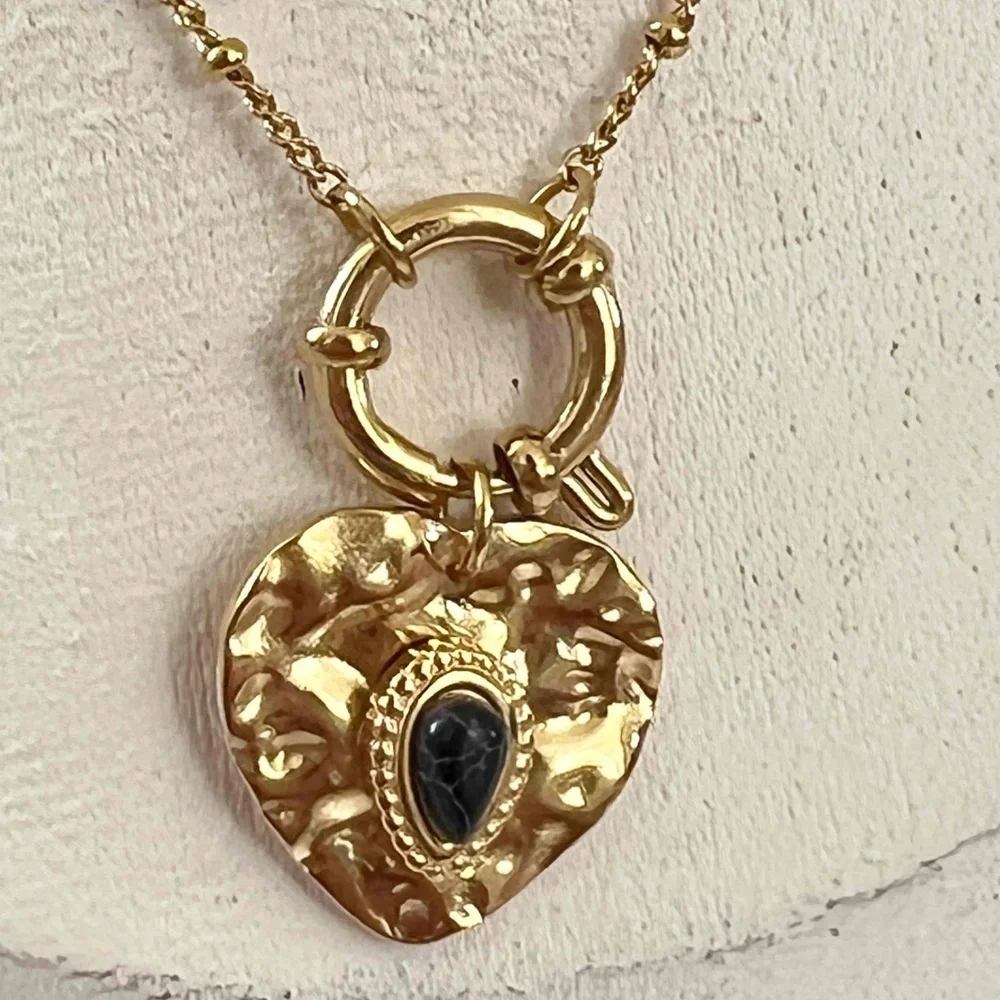 18K Gold Plated black turquoise charm holder Necklace stainless steel jewelry - Picture 4 of 11
